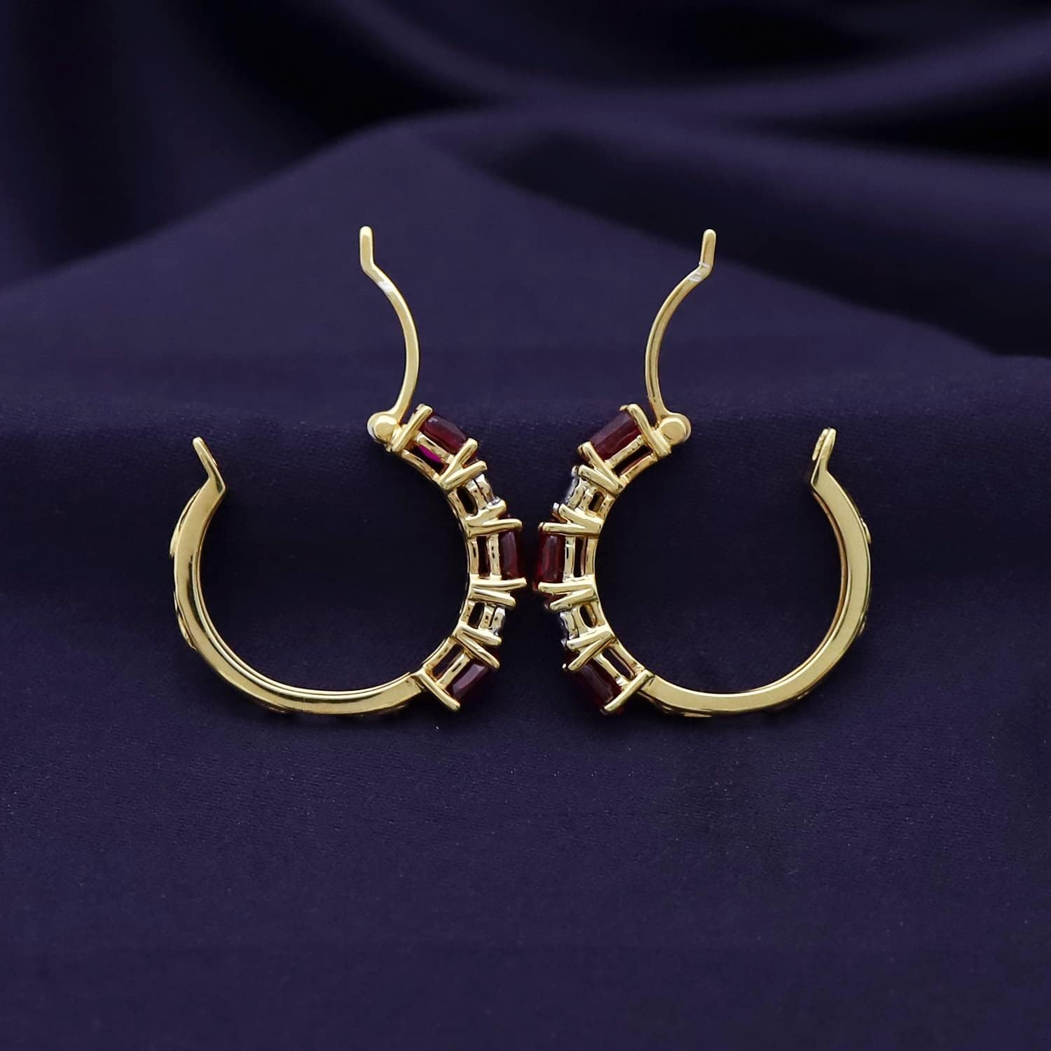 1.50 Carat Oval Cut Simulated Ruby And Round Cut White Natural Diamond Hoop Earrings In 14k Gold Plated 925 Sterling Silver Jewelry Gift For Women Wedding