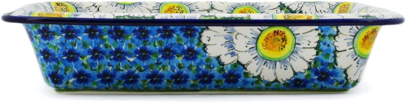 Polmedia Polish Pottery Rectangular Baker UNIKAT - Pansies And Daisies Pattern Handmade in Boleslawiec Poland by Ceramika Artystyczna + Certificate of Authenticity