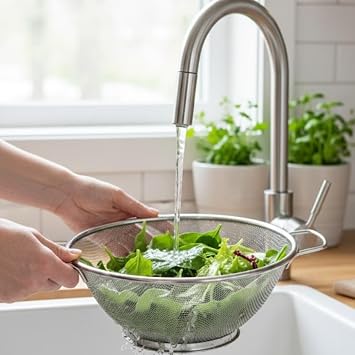 Premium 21 cm Paslanmaz Çelik Orta Boy Mutfak Süzgeci, Çift Kulplu Metal Pirinç Yıkama ve Makarna Süzme Kabı, Isıya Dayanıklı Delikli Sebze Meyve Kasesi (Gümüş)