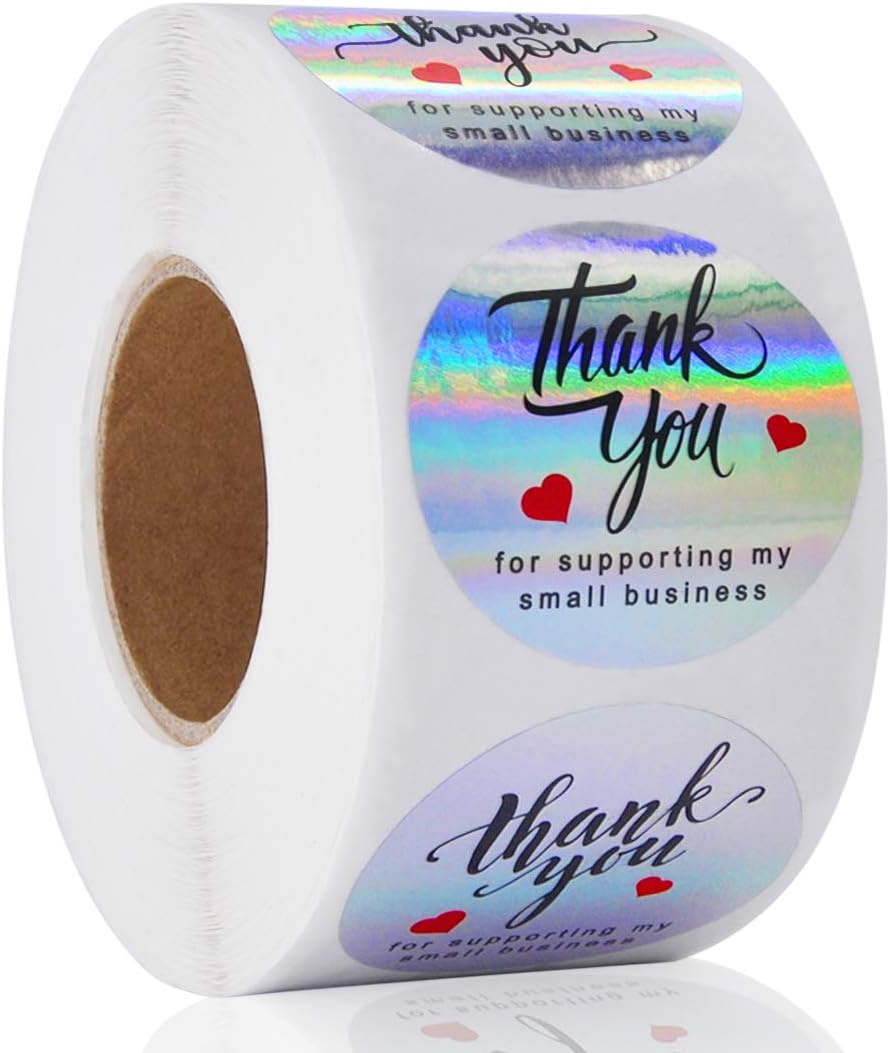 1000pcs Thank You for Supporting My Small Business Stickers, 4 Designs 1.5" Rainbow Holographic Round Labels for Business, Online Retailers, Boutiques, Shops to Use on Bags, Boxes and Envelope