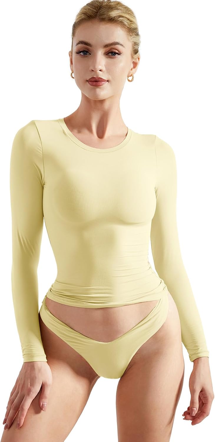 SUUKSESS Women Double Lined Fitted Basic T Shirts Crew Neck Long Sleeve Crop Top - Image 4