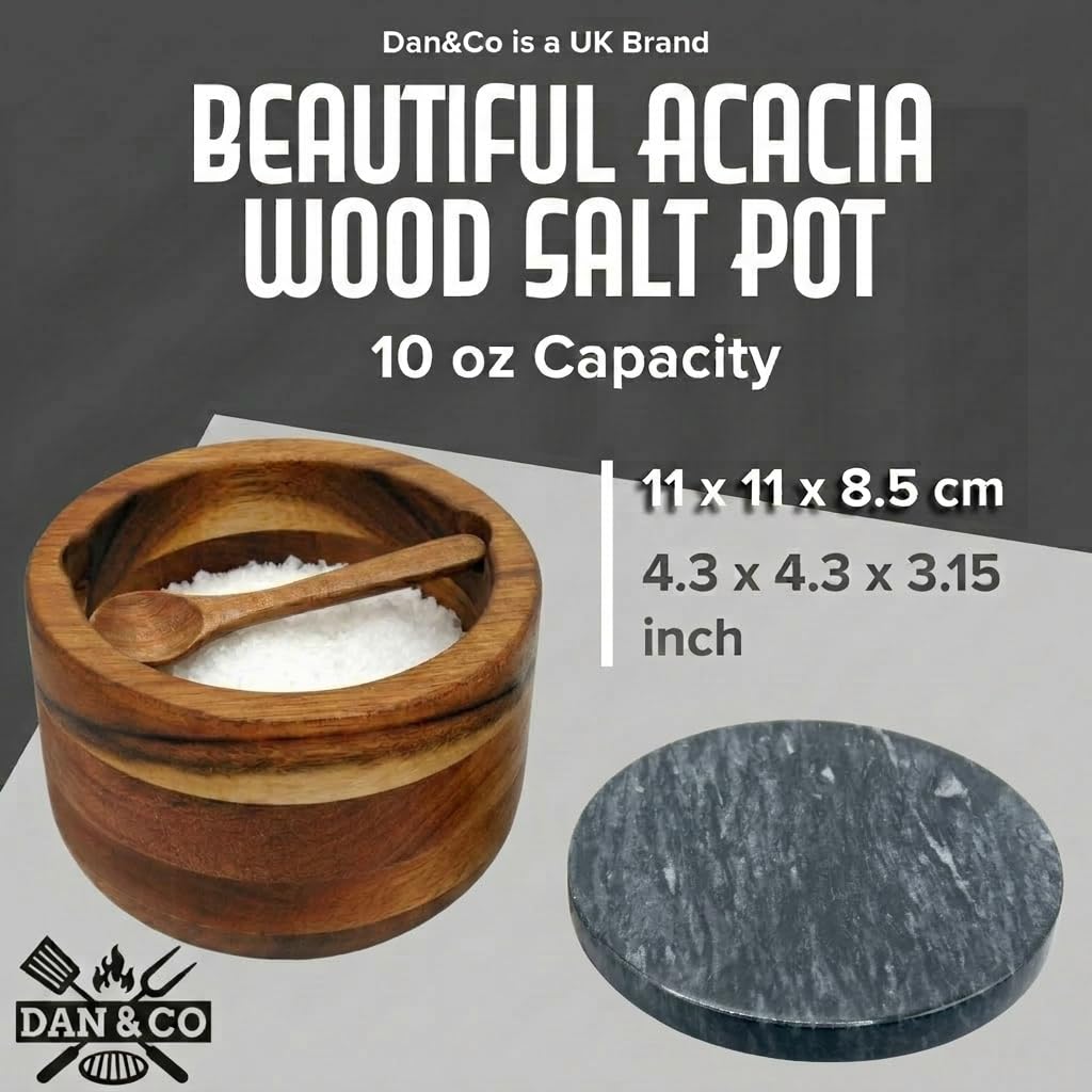 Dan&Co Salero de madera de acacia con cuchara integrada y tapa de mármol de 10 onzas, cerdo de sal para cocina, olla sellada para condimentos, recipiente para pimienta, especias, hierbas, patas de