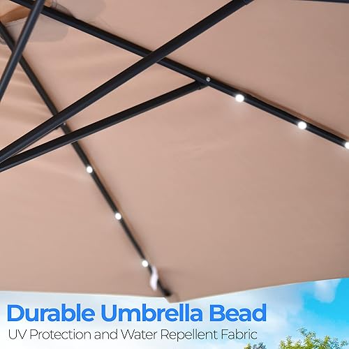 Miniatura 6 de SereneLife Home - Sombrilla de mesa de patio de 10 pies, 6 varillas resistentes con botón de inclinación y luces LED solares, manivela abierta de