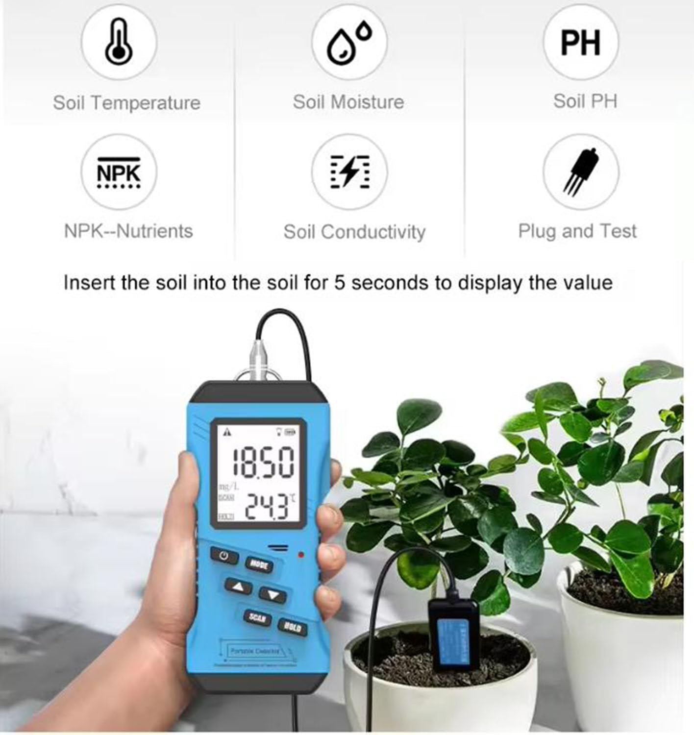 Detector de suelo 7 en 1 de alta precisión, nitrógeno, fósforo, potasio, pH y humedad, sensor de agua, conductividad, fertilizante EC