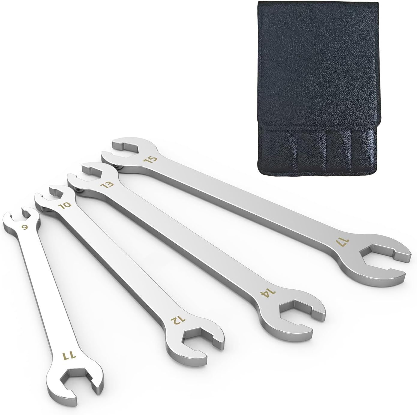 4 Piece Flare Nut Wrench Set with Leather Pouch, Metric Line Wrench Set 9x11mm 10x12mm 13x14mm 15x17mm, Cr-V Steel Brake Line Flare Nut Wrench for Plumbing Tight Confine Spaces