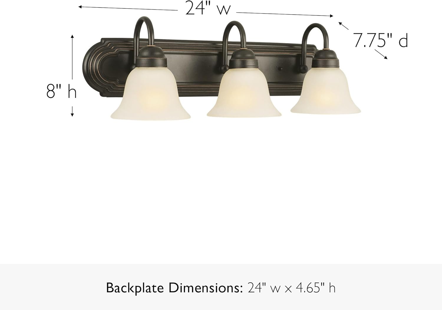 Design House Allante Vanity Light, Dimmable, Frosted Glass, 3 Light, Bathroom, Large Backplate, Easy Installation, Oil Rubbed Bronze, 24 in W x 7.75 in D x 8 in H, Item 506618
