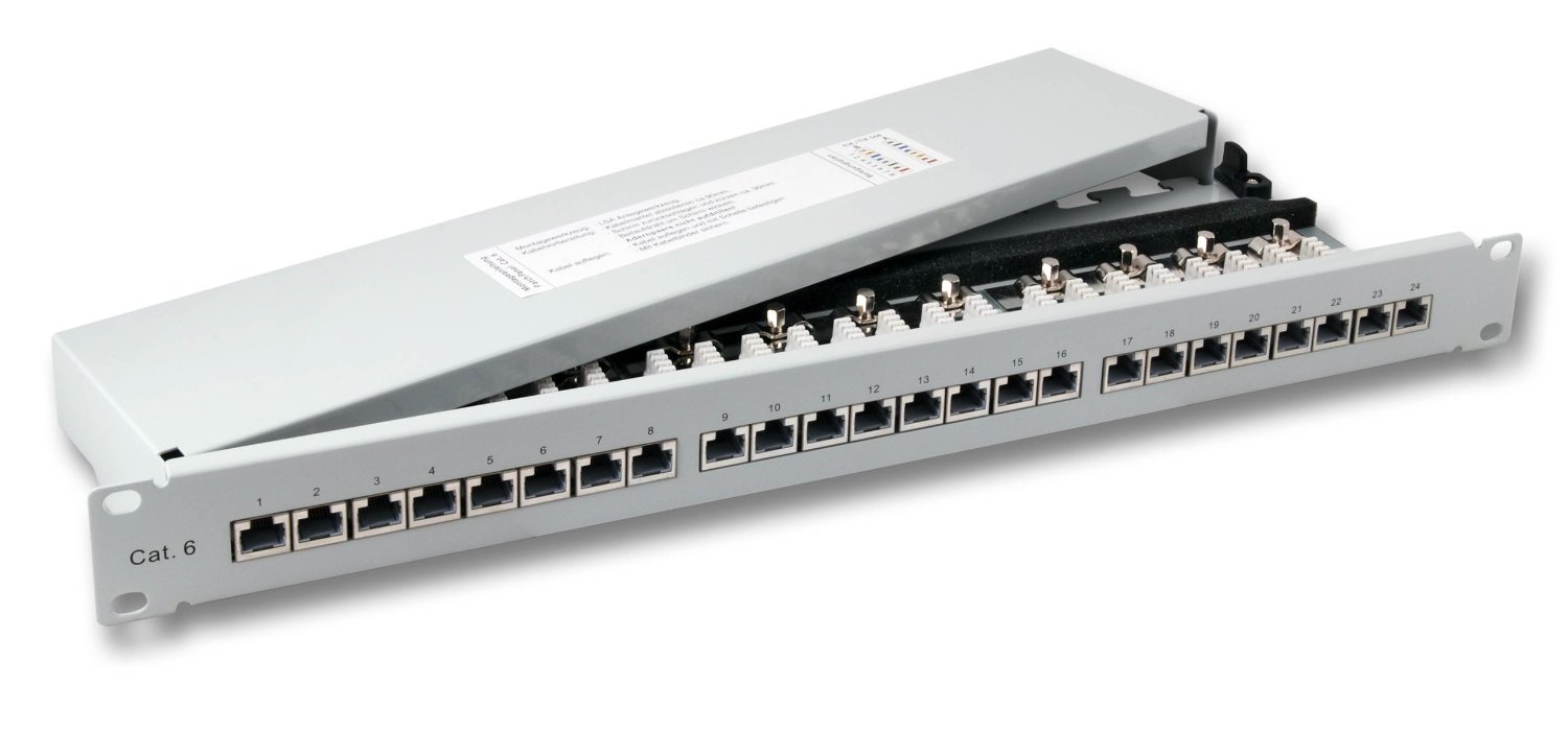 BIGtec 24 Port CAT6a Patchpanel Verteilerfeld Verteiler Patchfeld 500Mhz 10 Gigabit LSA Technik RJ45 8P8C RAL7035 grau 19 Zoll 19"