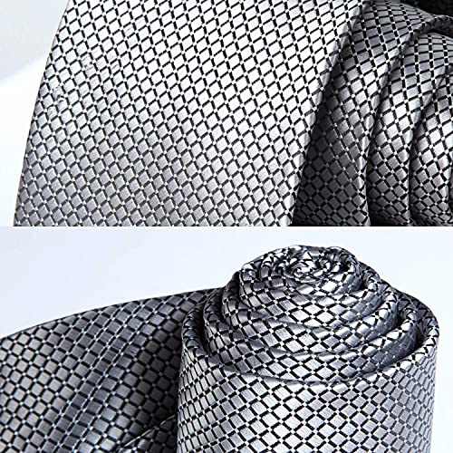 Hisdern Silver Ties For Men Plaid Checkered Tie With Pocket Square Woven Business Formal Necktie Handkerchief Set Wedding Party #TOP4