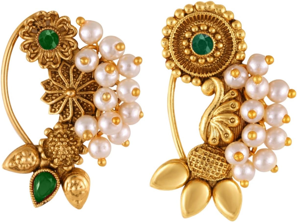 Vighnaharta Golden Moti Pearls Nath Nathiya nose pin Gold Plated Alloy two Nose Ring valentine day gift valentineday gift for her gift for him gift for women gift for woment[VFJ1181-1172NTH-Press-Green]