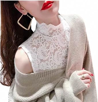 Womens Sheer Top Lace Tank Top High Neck Sleeveless Sheer Top Inner Sheer Floral Embroidery Lace Layered Layered Cute -White ||2XL