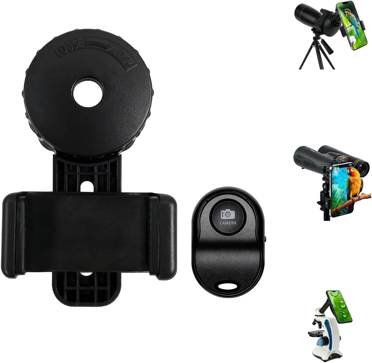 Phone Telescope Adapter 360° Rotating Digiscoping Mount for 16-50mm Eyepieces Fits Most Telescopes, Spotting Scopes & Microscopes – Adjustable Cell Phone Holder for Digiscoping (with Wireless Shutter)