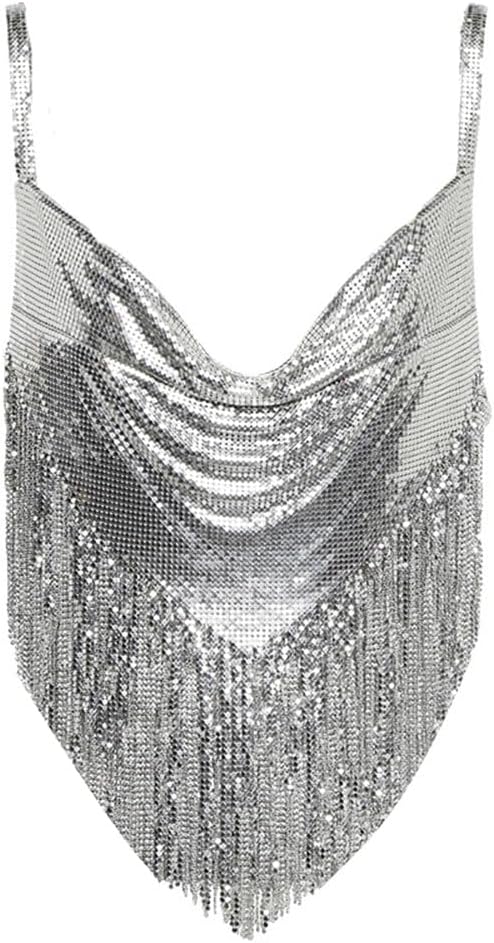Women's Sparkle Crystal Rhinestone Body Chain Tassels Backless Silver Crop Top Metallic Glitter Halter Sequin Rave Outfit