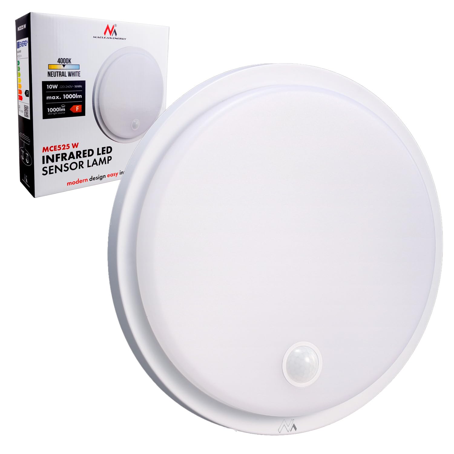 Maclean MCE525 lampa LED z czujnikiem ruchu | PIR 10 W, IP65, neutralna 4000 K, 1000 lm, lampa sufitowa do użytku wewnątrz i na zewnątrz z pracą ciągłą | klasa energetyczna F (biała)