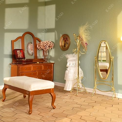 Miniatura 2 de iLAND Muebles para casa de muñecas a escala 112, perchero para casa de muñecas y espejo de longitud completa (color dorado)