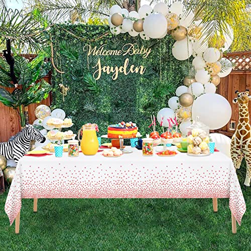 Image of Rose Gold Polka Dot White Tablecloth, 2 Pcs Disposable Plastic Table Cloths, Rose Gold Confetti Table Cover for Birthday Parties Wedding Anniversary Baby Shower Fine Dining Decor 54 x 108 inches