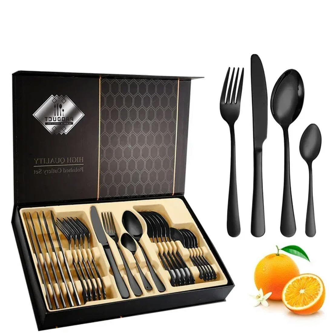 Ensemble de Couverts de Restaurant en Acier Inoxydable, 24 pièces, Couverts dorés, légers et spéculaires, Couteau à Steak, Fourchette, cuillère à café, avec boîte Cadeau