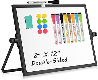Dry Erase Magnetic White Board, 8" x 12" Black Aluminum Frame Double-Sided Desktop Whiteboard with Stand, Portable Small Whiteboard Set for Drawing, Office, Home, School