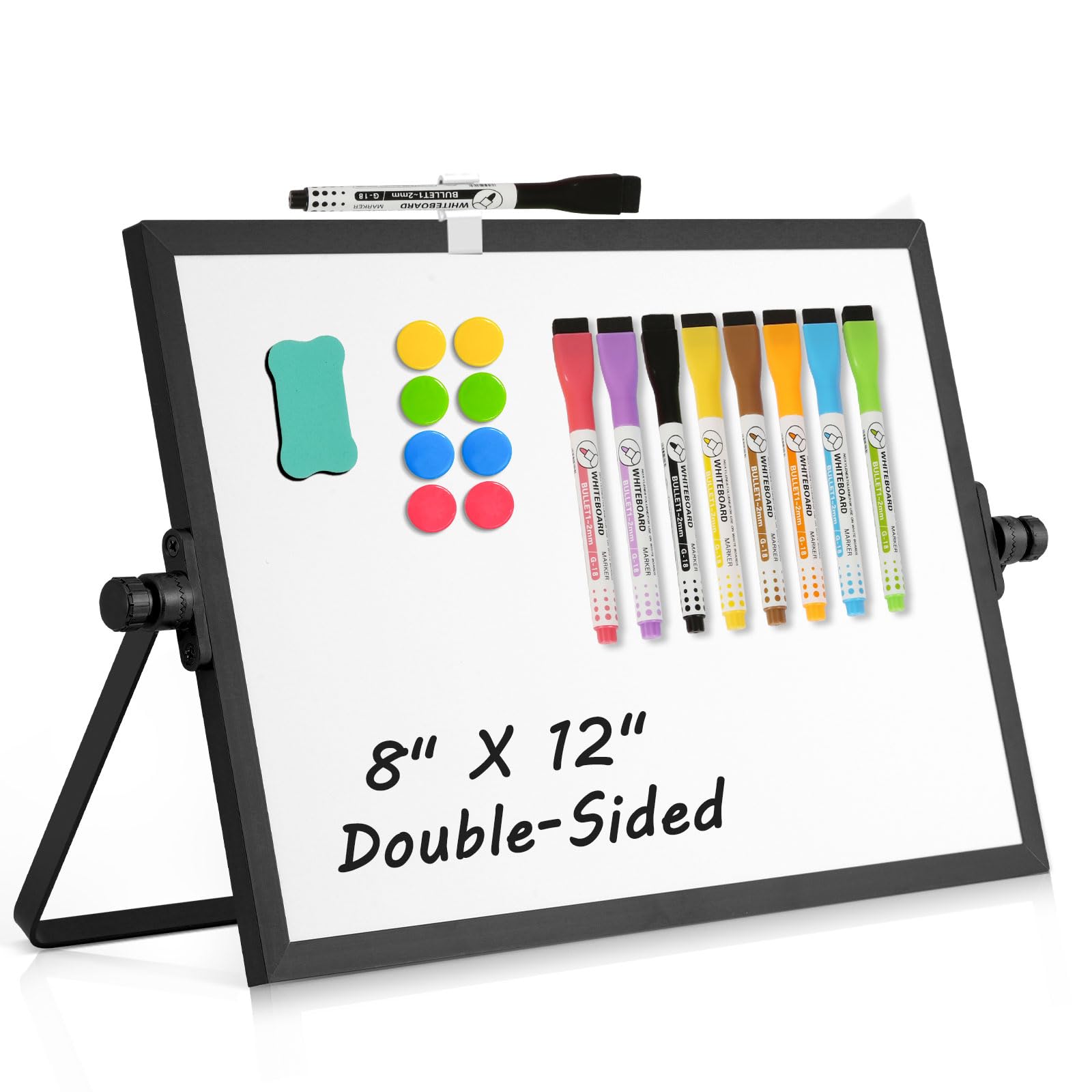 AMUSIGHT Dry Erase Magnetic White Board, 8" x 12" Black Aluminum Frame Double-Sided Desktop Whiteboard with Stand, Portable Small Whiteboard Set for