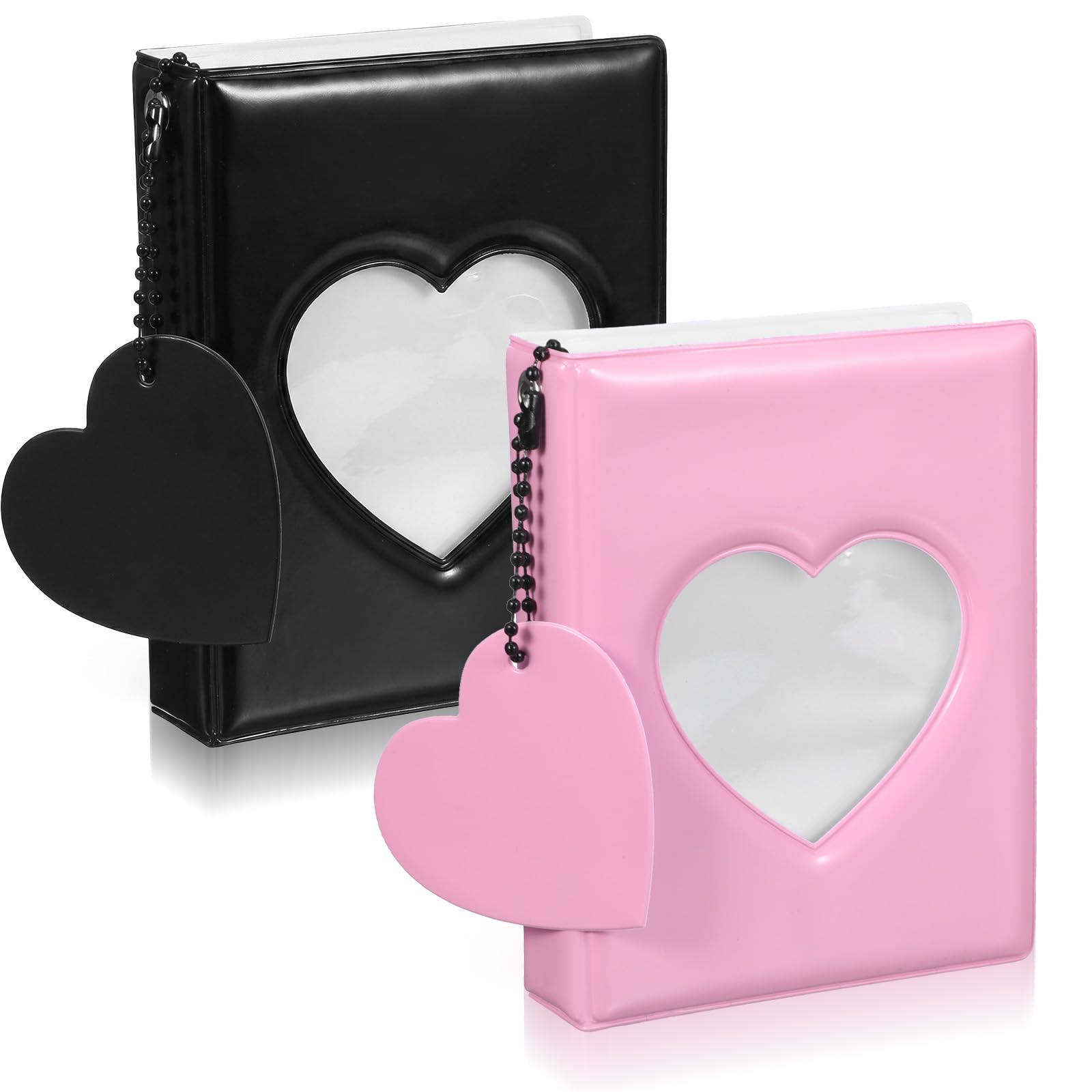 2 PCS Mini Photo Card Holder Binder, Mini Photocard Book 3 Inch Black and Pink Photo Album with Heart Hollow Design, 32 Pockets Each, Compact and Portable, Binder