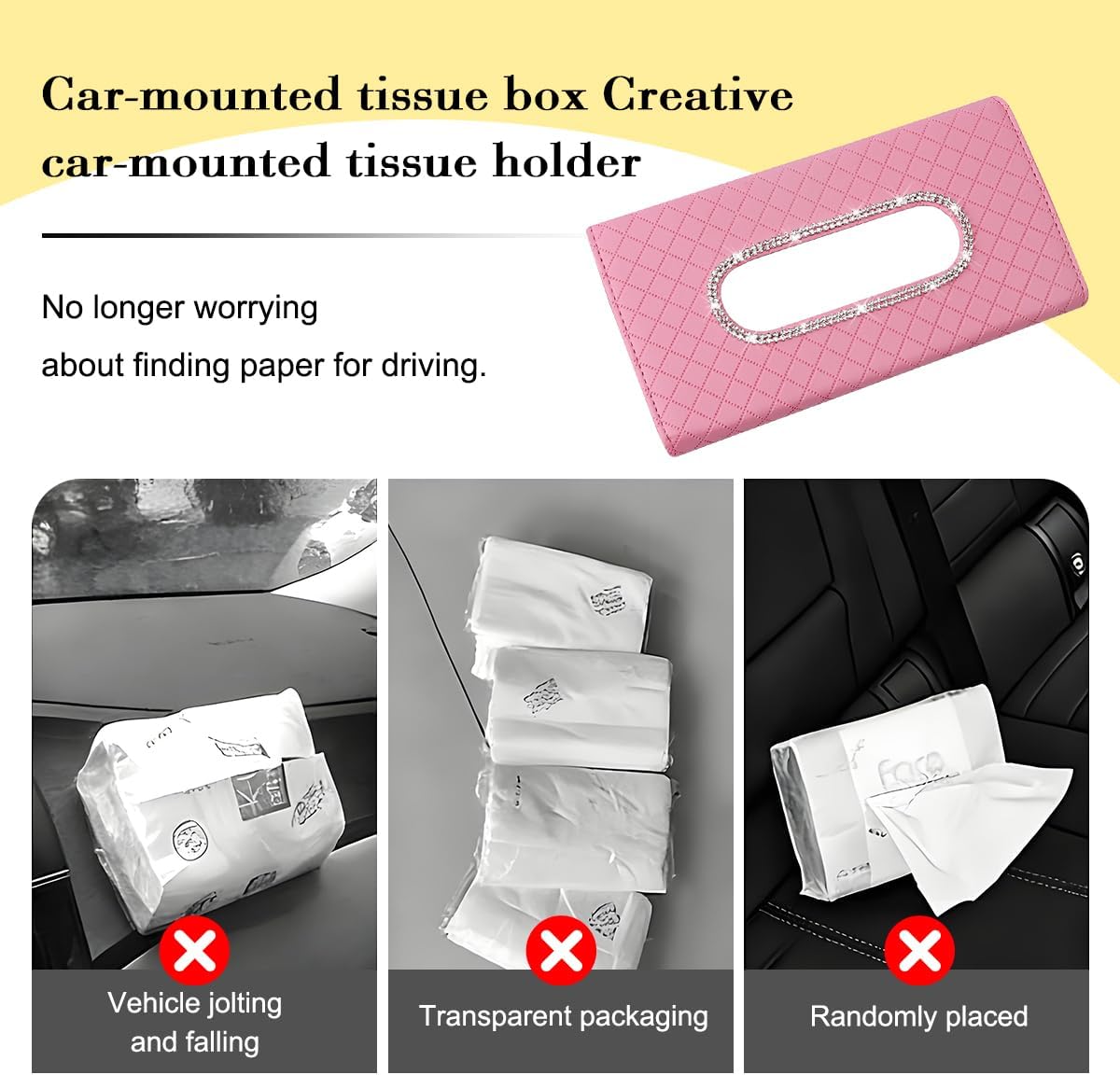 Bling Car Visor Tissue Holder, Crystal Rhinestones Vehicle Sun Visor Hanging Napkin Organizer Case with Ergonomic Take Out Port, Automotive Interior Tissue Dispenser, Universal Fit (Pink) image 5