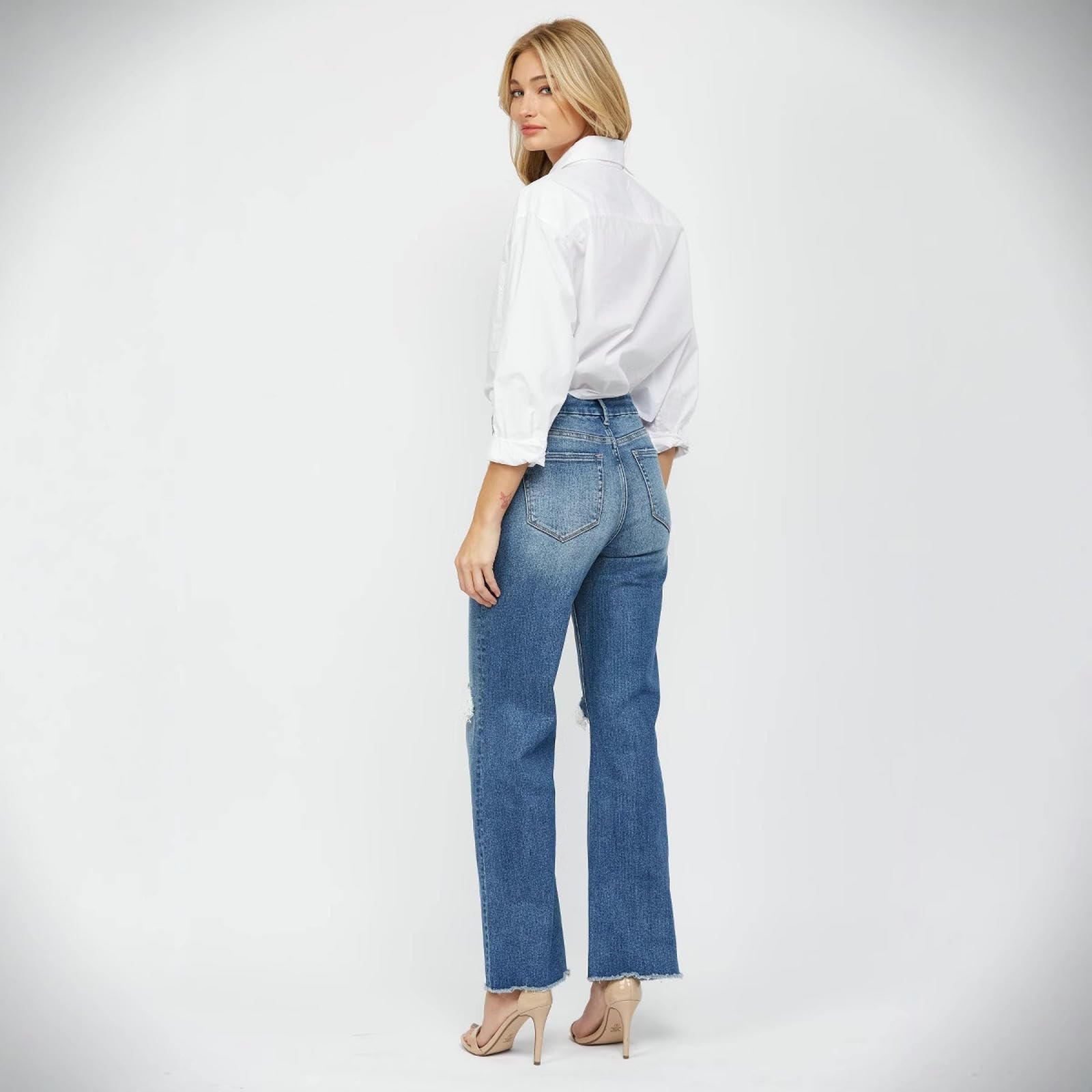 Jeans Donna Alta Vita Gamba Dritta Strappato Afflitti Pantaloni in Denim-Blu-l