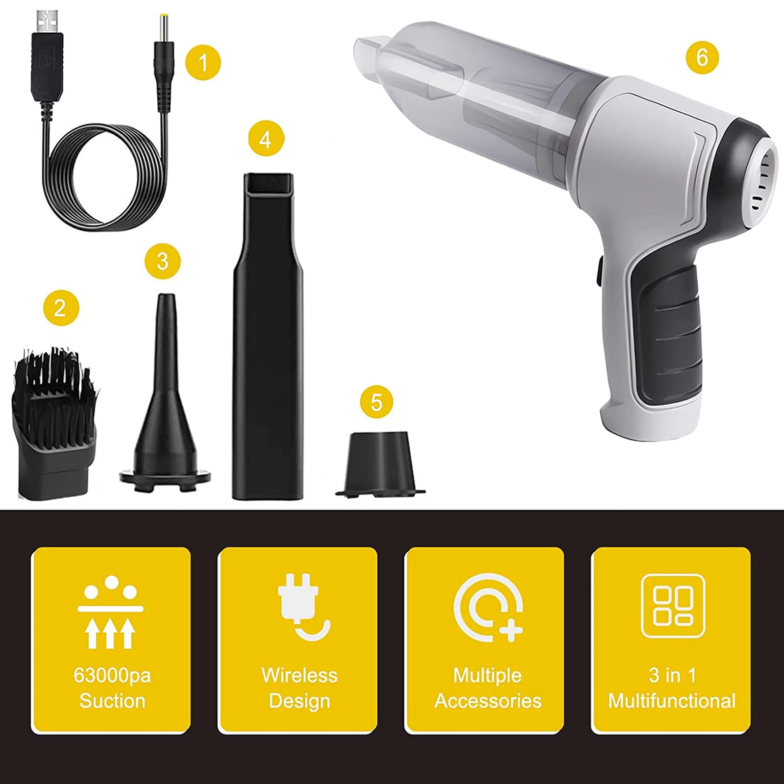 Aspirateur Voiture Sans Fil 2 En 1 - Rechargeable USB, 6000Pa, Lumière LED - Pour Auto, Maison, Bureau