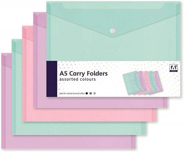 10 Assorted Pastel Colour A5 Document Stud Wallets Plastic Carry Popper Folder Pink Aqua