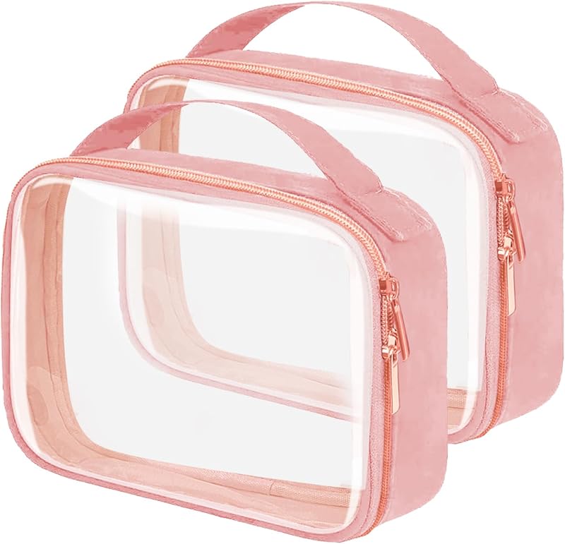 FAYORORY Necessaires transparentes para viagem com zíper e alças, rosa, pacote com 2