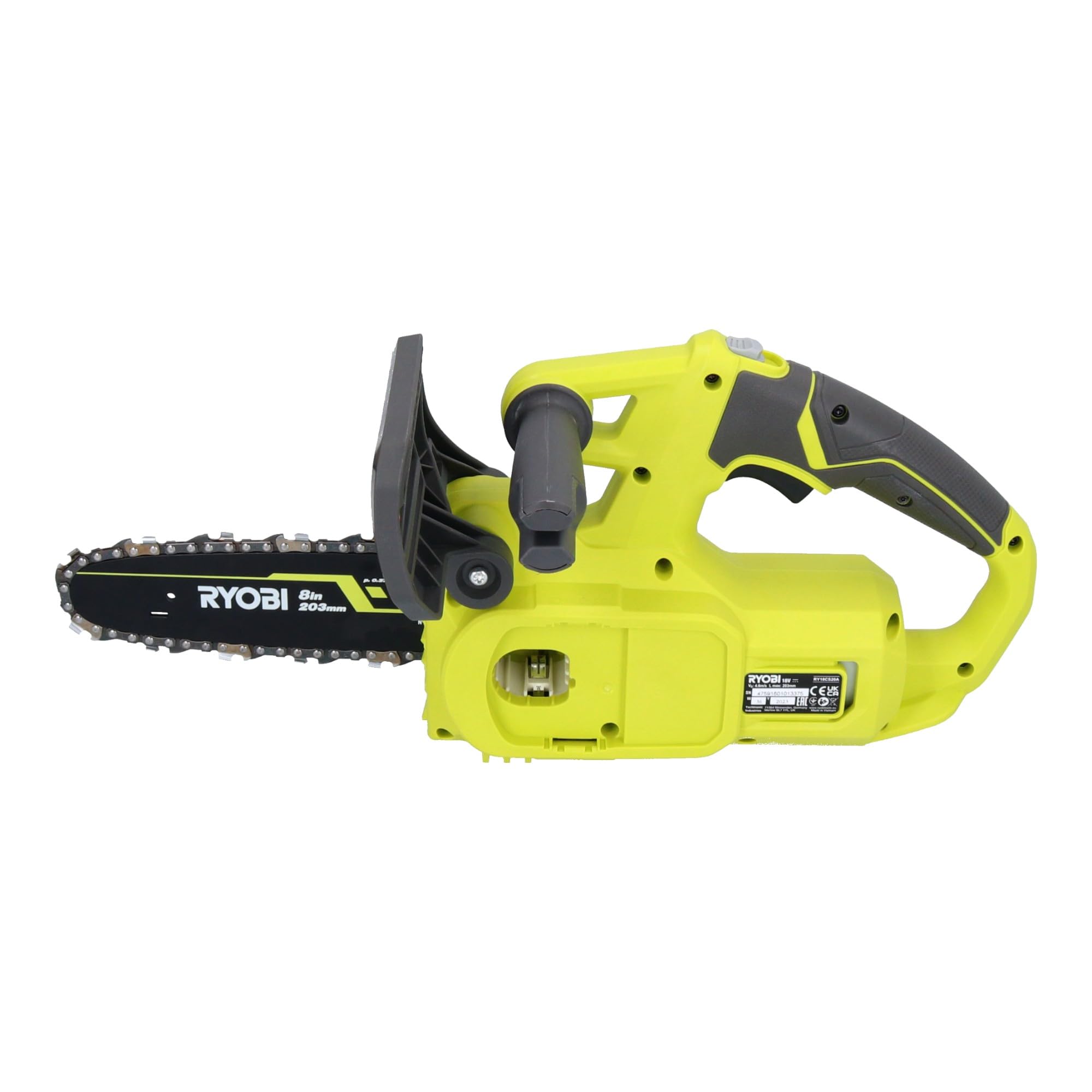 RYOBI - Motosierra Eléctrica Compacta 18V ONE+ 20 cm - Pequeña Herramienta de Poda de Arboles - Tensor de Cadena Lateral - Vendida sin Batería ni Cargador - RY18CS20A-0
