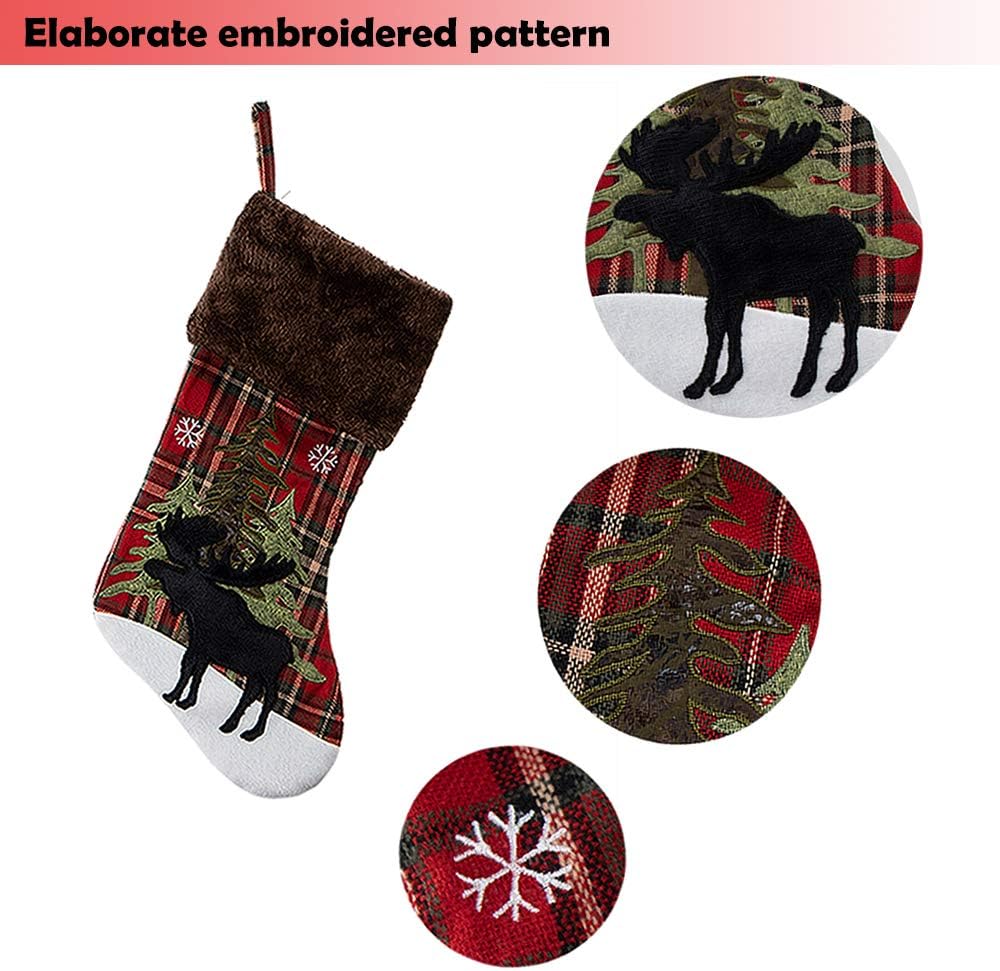 GMOEGEFT Christmas Stocking, Farmhouse Red and Black Buffalo Plaid Black Moose Embroidered Xmas Stocking, Christmas Party Decorations Fireplace Hanging Ornaments