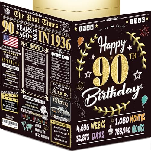 90th Birthday Card for Women Men - Back In 1936 Black & Gold - 90 Happy BIRTHDAY card - 90th birthday gift for Her Him - JUMBO size - 90th birthday decorations Dad Mom - Best gifts for 90 year old