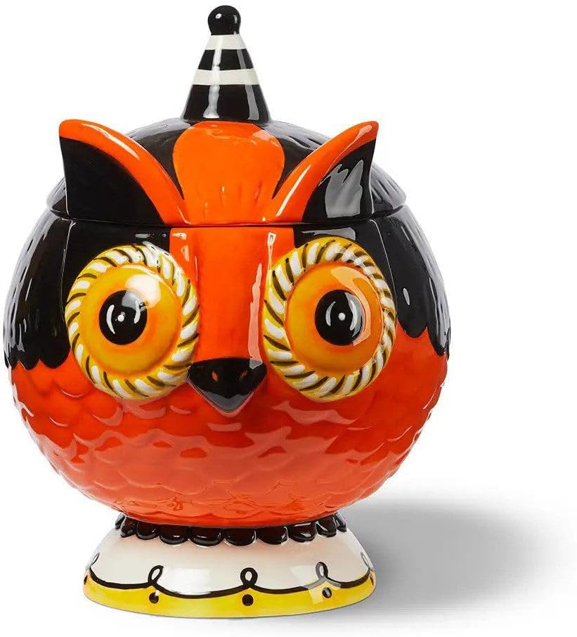 Carnival Cottage by Johanna Parker & Magenta Halloween Decorative Owl Cookie Jar, Orange and Black Ceramic, Large Eyes Design 8 1/2" Tall 6" Round