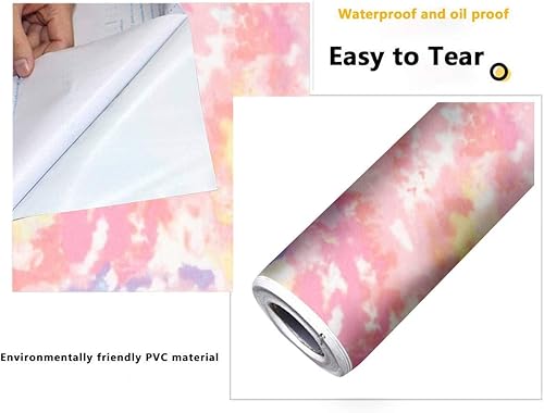 Miniatura 5 de Rollo de papel tapiz autoadhesivo de 144 pulgadas de ancho x 100 pulgadas de alto, color pastel, teñido anudado, textura de tela, despegar y pegar,