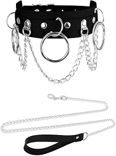 Collier ras du cou en cuir avec chaîne et laisse - Accessoires de cosplay punk gothique Y2K - Trois anneaux toriques et chaînes