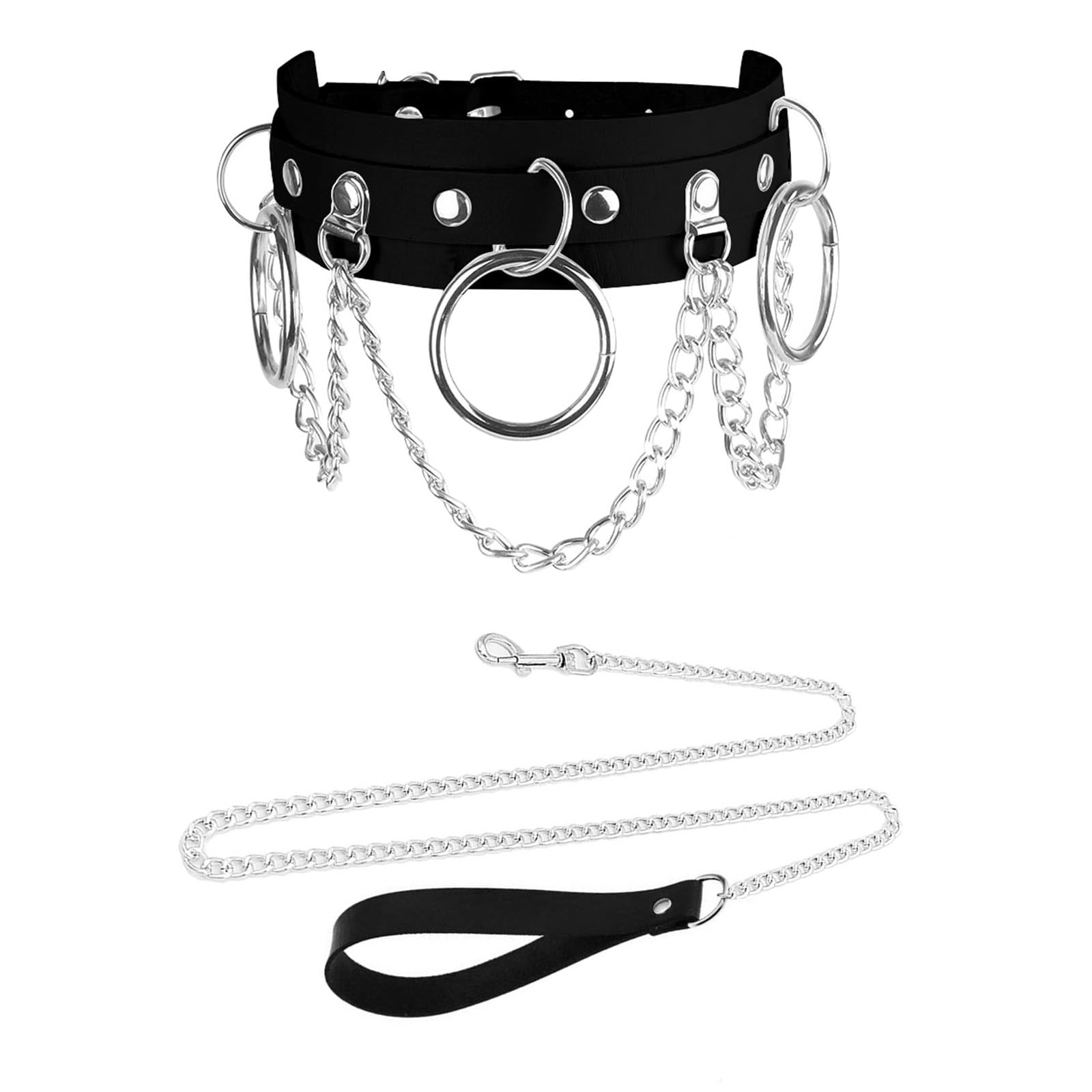 TosmifairyGothic Leather Collar Choker with Body Chain Set Punk Y2K Emo Accessories for Cosplay-Three Ring and Chains Charm