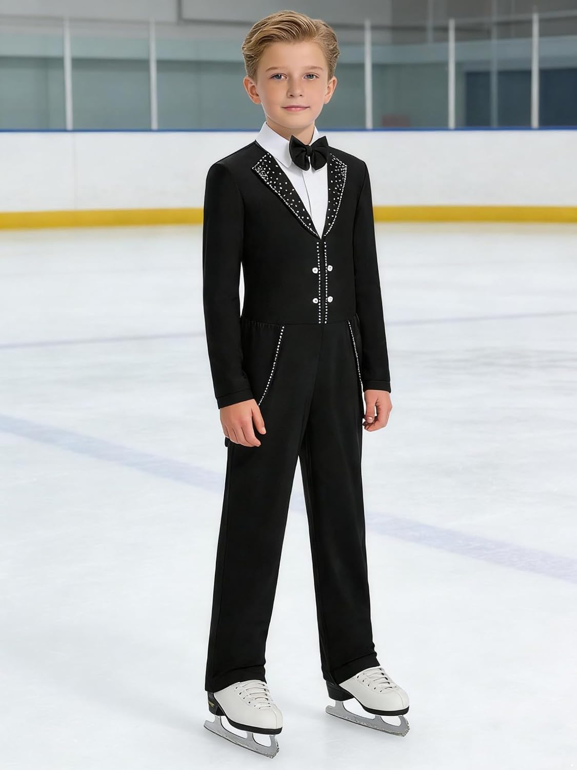 Jhaoyu Boys Ice Skating Competition Bodysuit Long Sleeve Tuxedo Style Unitard Lapel Collar Bow Tie Back Zipper Skating Wear