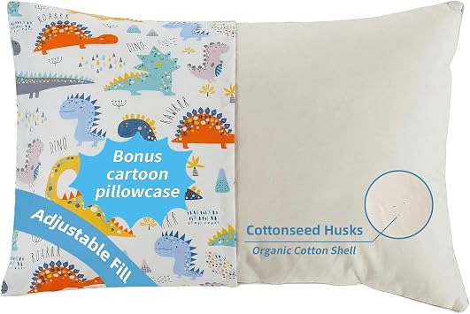 Organic Plilow with Cartoon Pillowcase - 16x22 Kids Pillow with 100% Organic Cotton Shell, Adjustable Organic Youth Pillow, Machine Washable, Soft,for Kids&Youth&Children Dinosaur