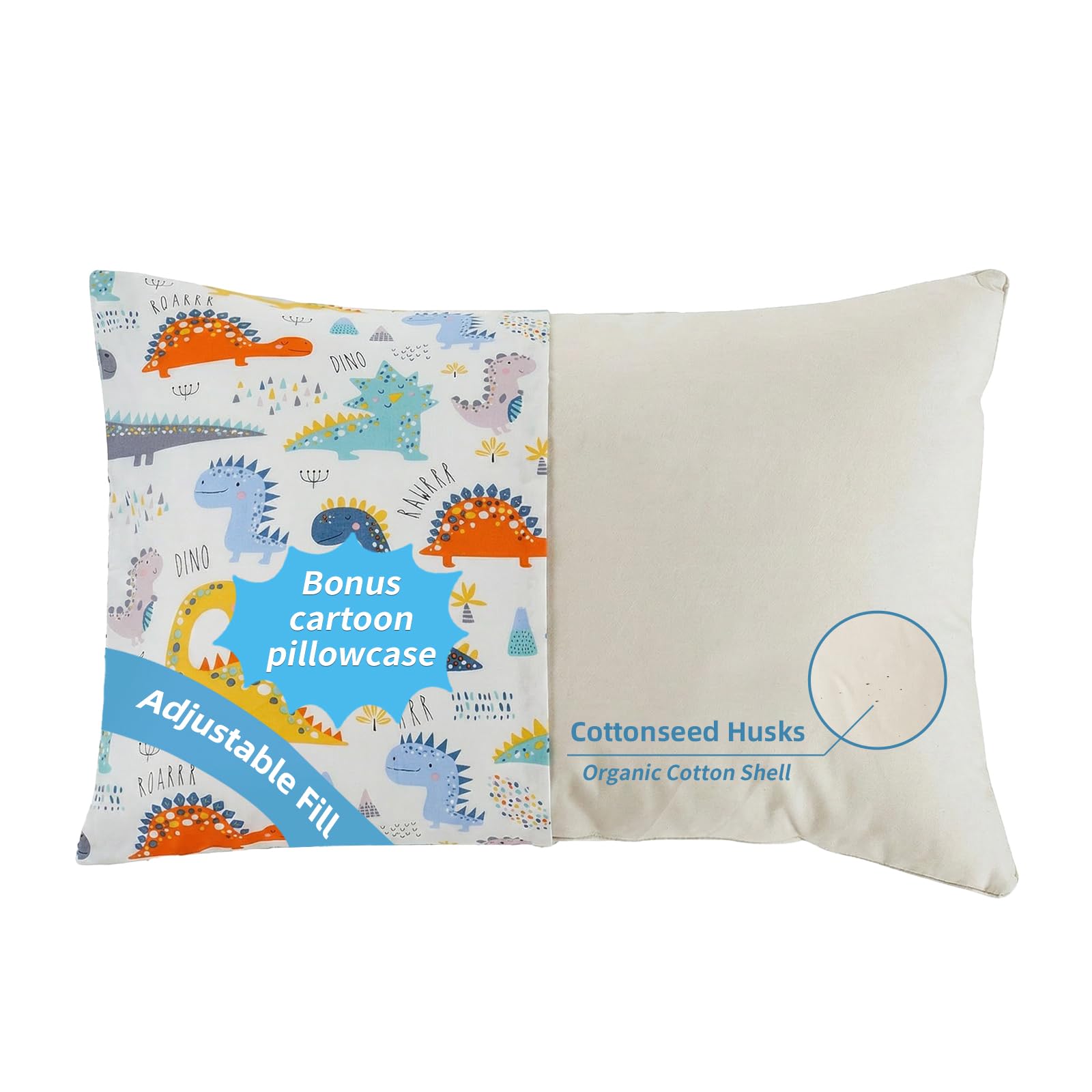 LOFE Organic Kids Pillow with Cartoon Pillowcase - 16x22 Youth Pillow, 100% Organic Cotton Shell, Adjustable Loft, Machine Washable, Soft & Hypoallergenic, Breathable Large Size Toddler Pillow