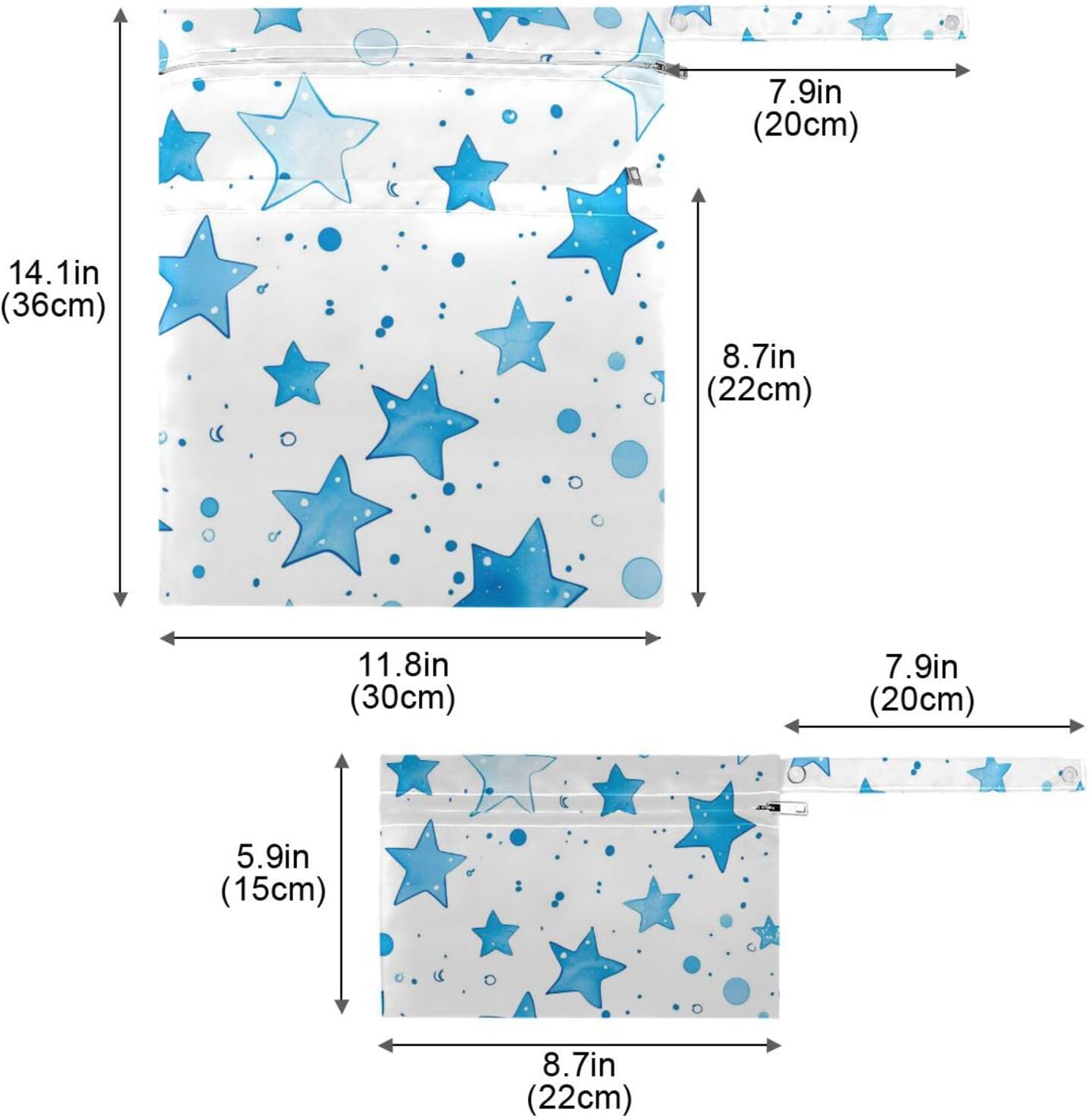 Blue Stars and Bubbles washable wet clothes bag 2 Pack travel essentials for babies with handles for beach, yoga