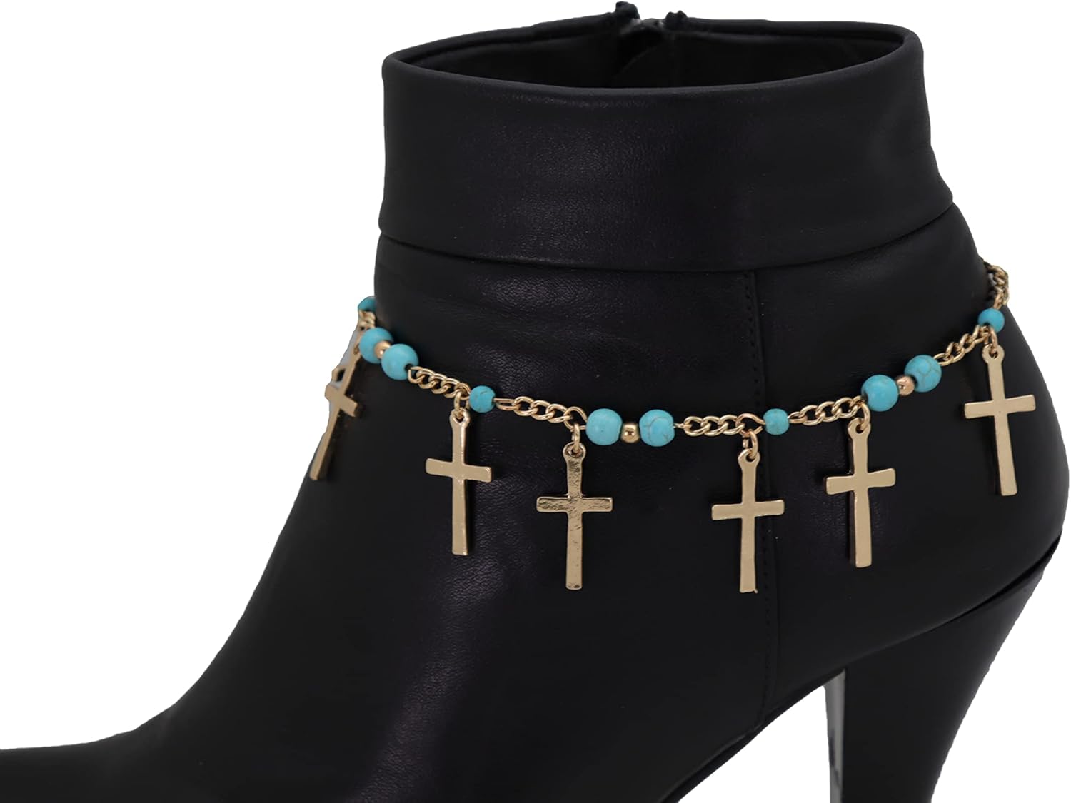 TrendyFashionJewelry 2PCS Women Western Boot Chain Metal Bling Bracelet Gold Cross Anklet Heel Charm Turquoise Blue Beads BC214