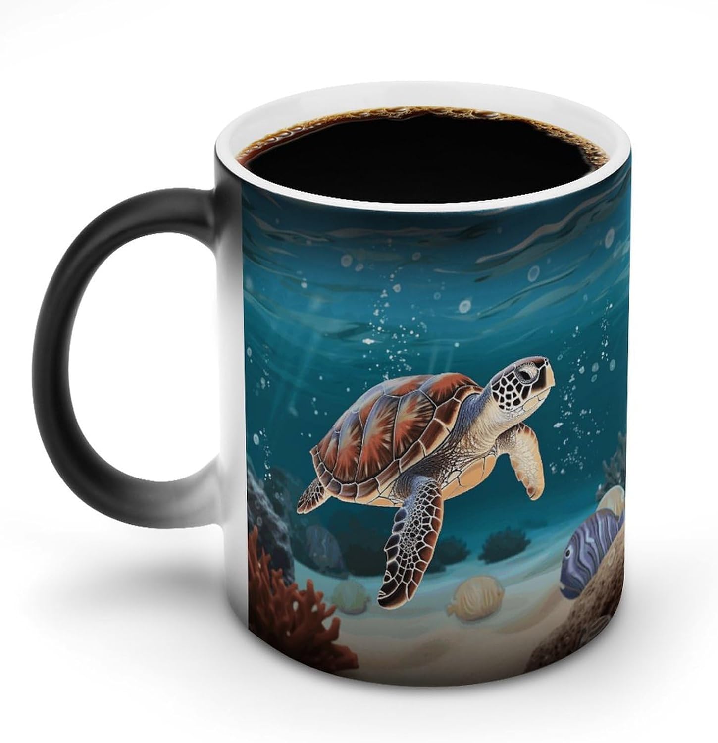 Sea Turtle Swimming Mug Personalized Ceramic Discoloration Coffee Mug Heat Sensitive Color Changing Cup Print Large Handle Design Daily Office And Home Use 12 OZ/350 ML