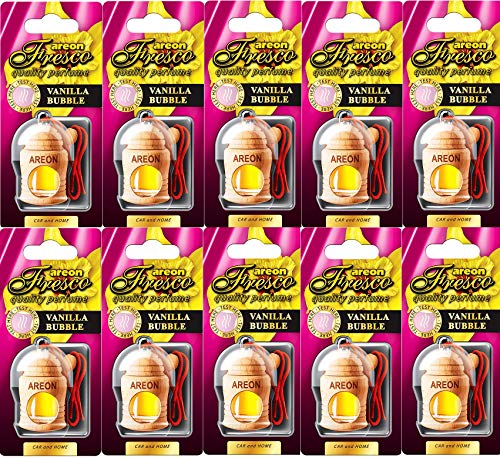 AREON Fresco Auto Vanille Bubble Gum Duft Kaugummi Rot Glas Duftflakon Set Flakon Holz Hängend Anhänger Spiegel 4ml (Pack x 10)