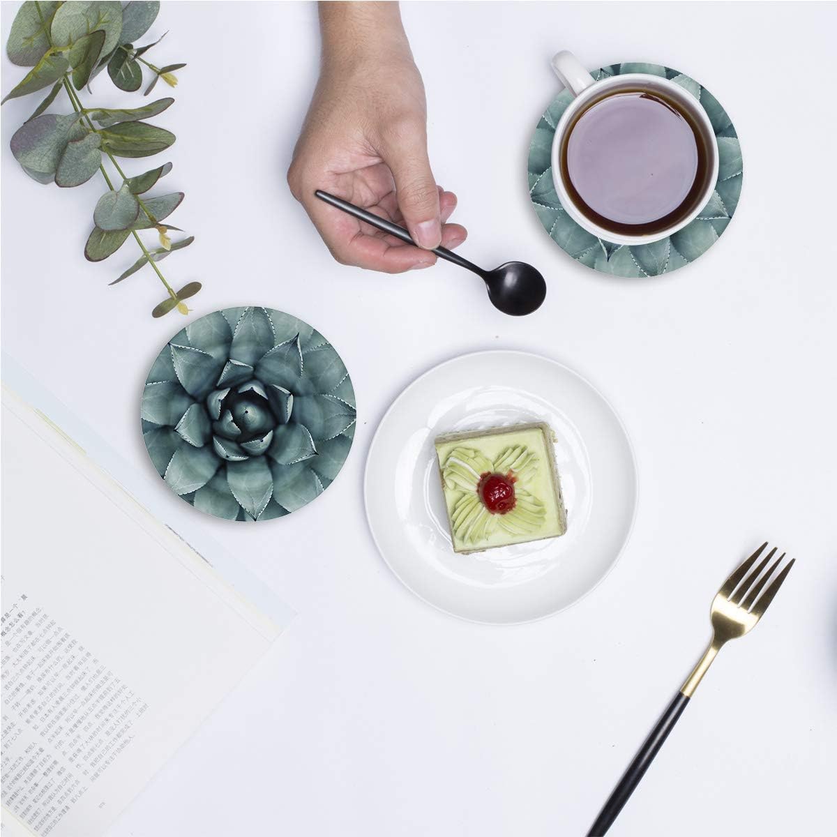 Lіmіtеd Stосk Coasters for Drinks 4-Piece Absorbent Stone Ceramic Coasters NO Holder Natural Plant Green Succulent Agave Coaster with Cork Backing, Prevent Furniture from Dirty and Scratched