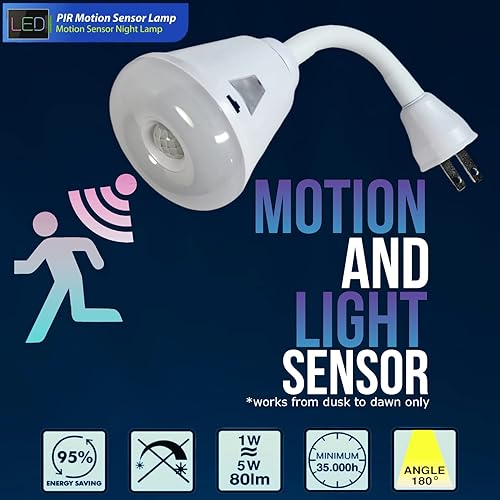 Miniatura 5 de Luz nocturna LED brillante con sensor de movimiento, 6 W, 6500 K, enchufe de pared, toma de corriente alterna, direccional, flexible, del atardecer