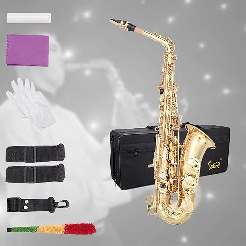 Glarry Student Alto Eb E-flat Saxofón Saxofón Gold Lacquer SAX Kit para principiantes con estuche, cañas, pieza para la boca, paño de limpieza suave