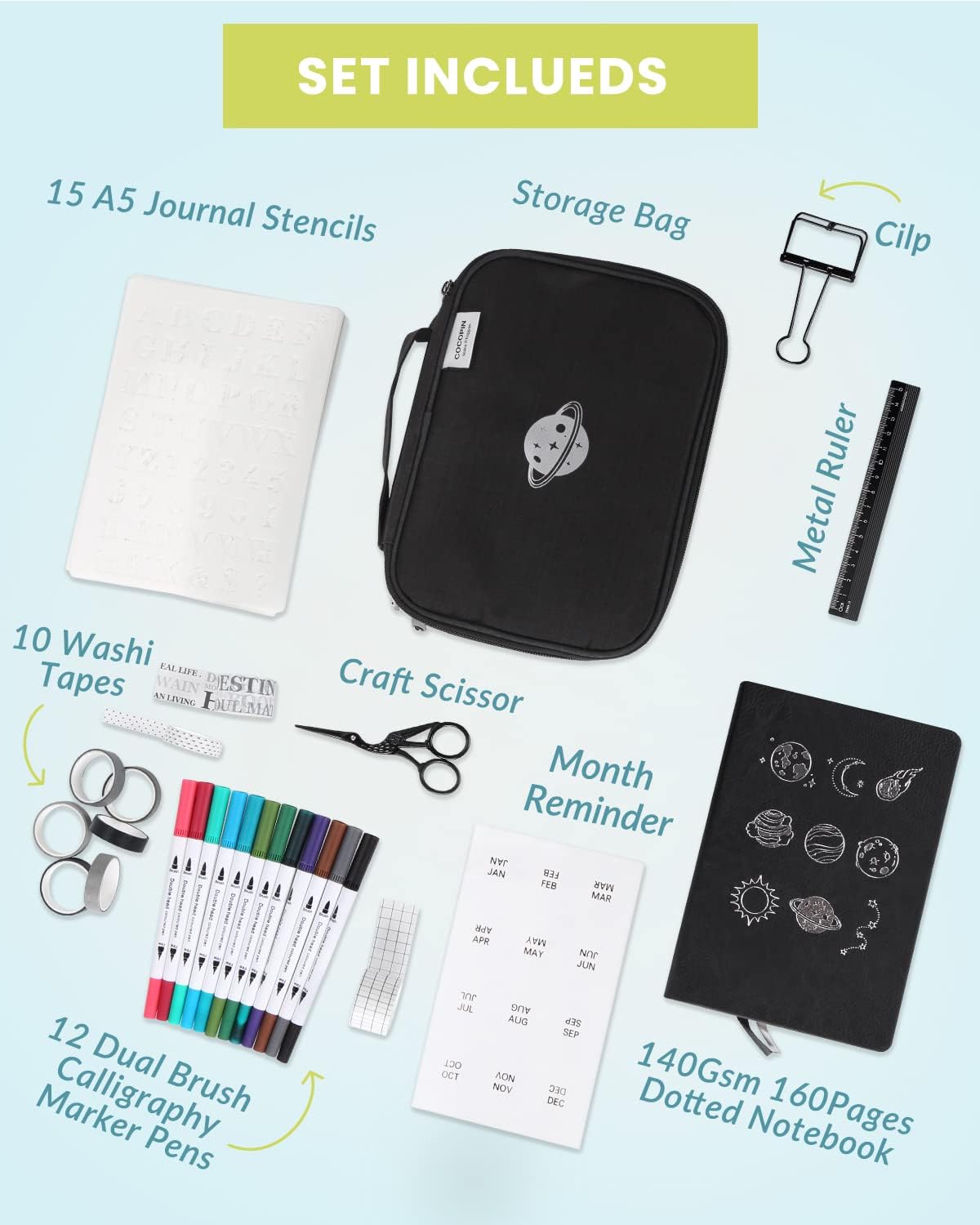 Cocopin Dotted Journal Set with A5 140GSM No-Bleed Notebook, 15 Stencils, 12 Markers, 10 Roll Washi Tapes, Scissor, Organizer Bag and More, Journaling Kit for Diary Schedule -Black