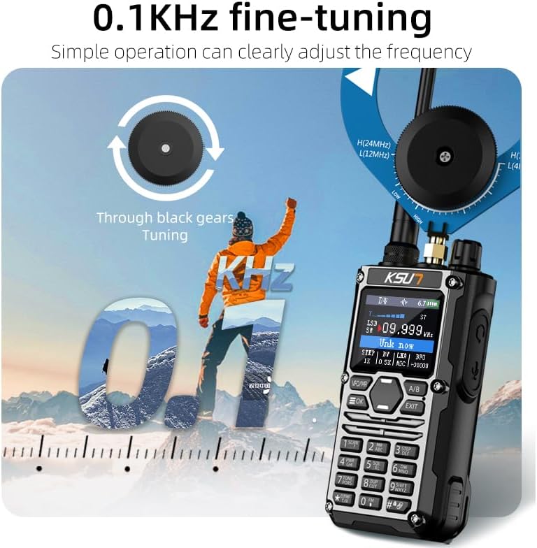360-degree view of the KSUN HF123D radio, showing front, side, and back views with dimensions.