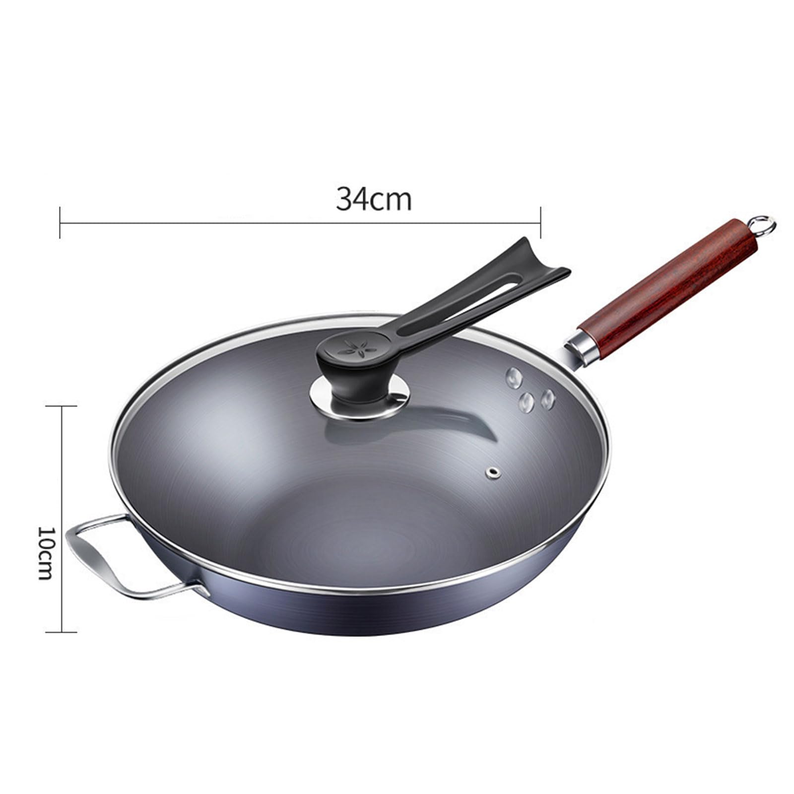Wok żeliwny, nieprzywierająca patelnia z pokrywką i drewnianym uchwytem, idealna do gotowania indukcyjnego, elektrycznego, gazowego, naczyń kuchennych 32 cm