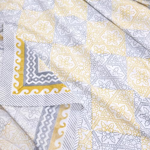 Image of TOAI Hand Block Printed Bedsheet | Bed Sheet Flatsheet | Pure Cotton | Double Bed King Size 108 inchx108 inch | 300 TC Bedsheets | Includes 2 Pillow Covers Jharokha (Yellow, Greyish Blue)