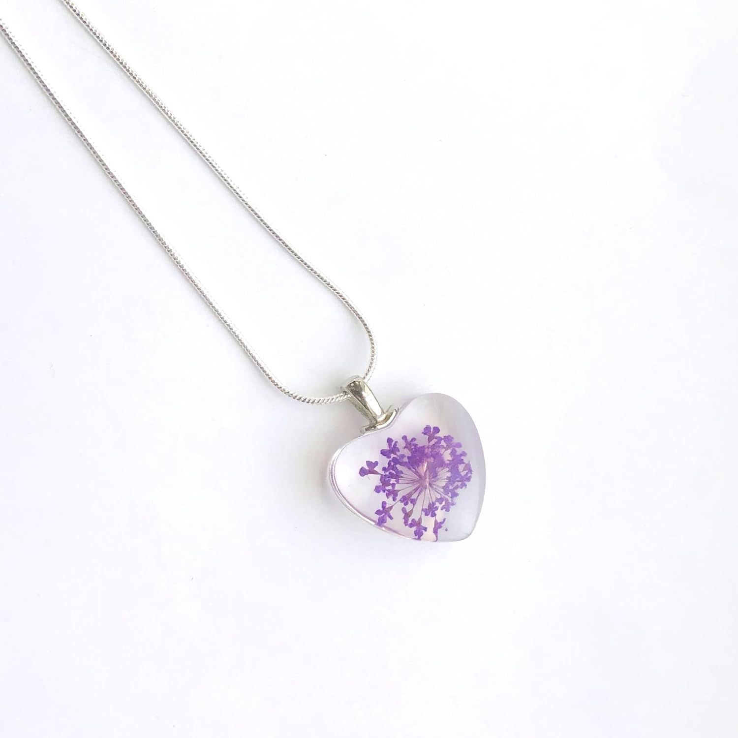 Silver Filled Snake Chain Love Heart Necklace Lilac Floral Charm Under Glass Purple Pressed dry Flower Pendant